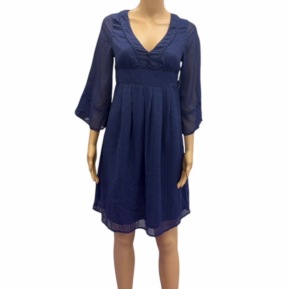 Tulle Navy Blue Sheer Midi Dress V Neck 3 Quarter Sleeve Shimmer Womens Small